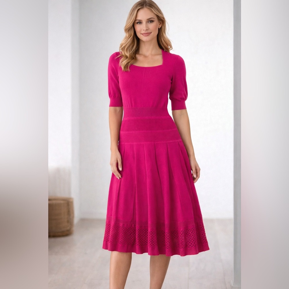 Pinko Ponza Abito Fuchsia Knit Dress M‎ Pleated Skirt Fit & Flare Designer